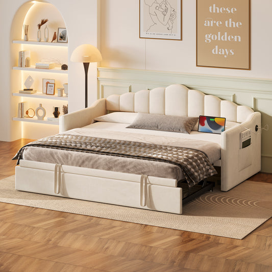 Upholstered Twin Size Daybed With Adjustable Height Pop Up Trundle Twin Bed And USB & Type-C Charging Port, Day Bed Frame With 2 Side Pockets, No Box-Spring Needed, Beige Old SKU N733S285118A