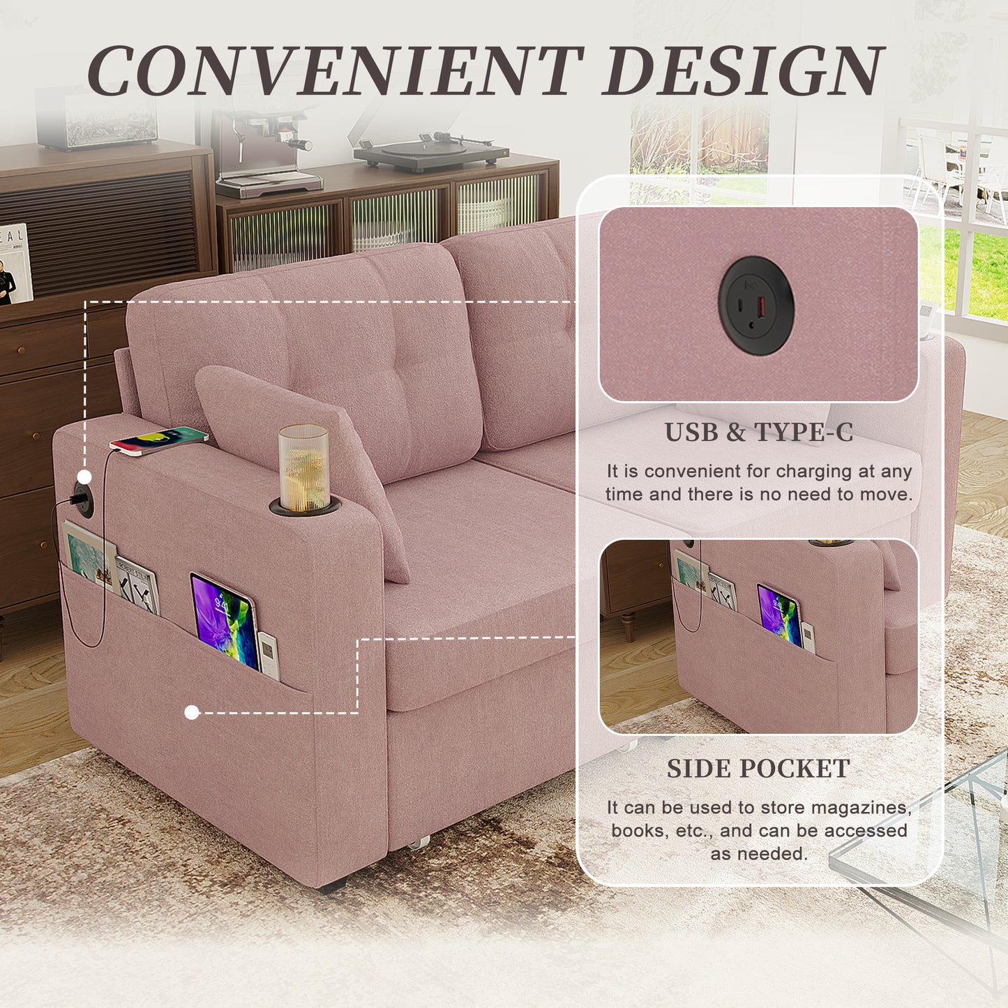 Sofas For Living Room, Couch Set,3 Seats Sofa, USB Charging,Wood Frame,Easy To Install,with Storage, Charging Station,Cup Holder,Modern Sectional Sofas For Living Room, Apartment,Chenille Fabric