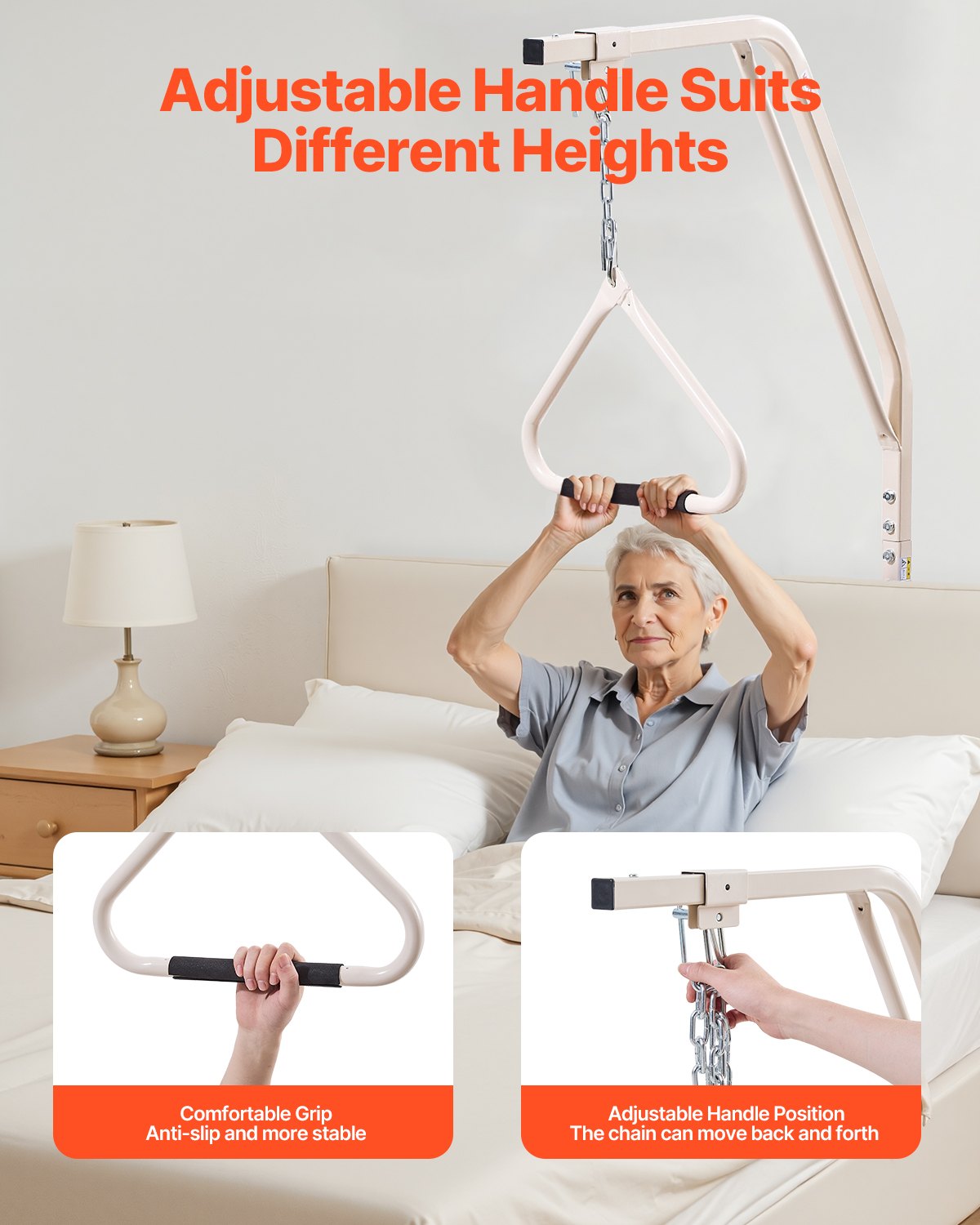 Trapeze Bar For Bed Mobility, Medical Bed Trapeze With Clamps & Metal Chain, 250LBS Weight Capacity Bed Pull Up Assist For Elderly & Disabled, Ideal For Home Care, Hospitals, Nursing Homes