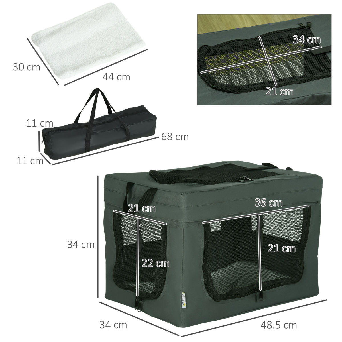 PawHut 48.5cm Pet Carrier, With Cushion, For Miniature Dogs - Grey
