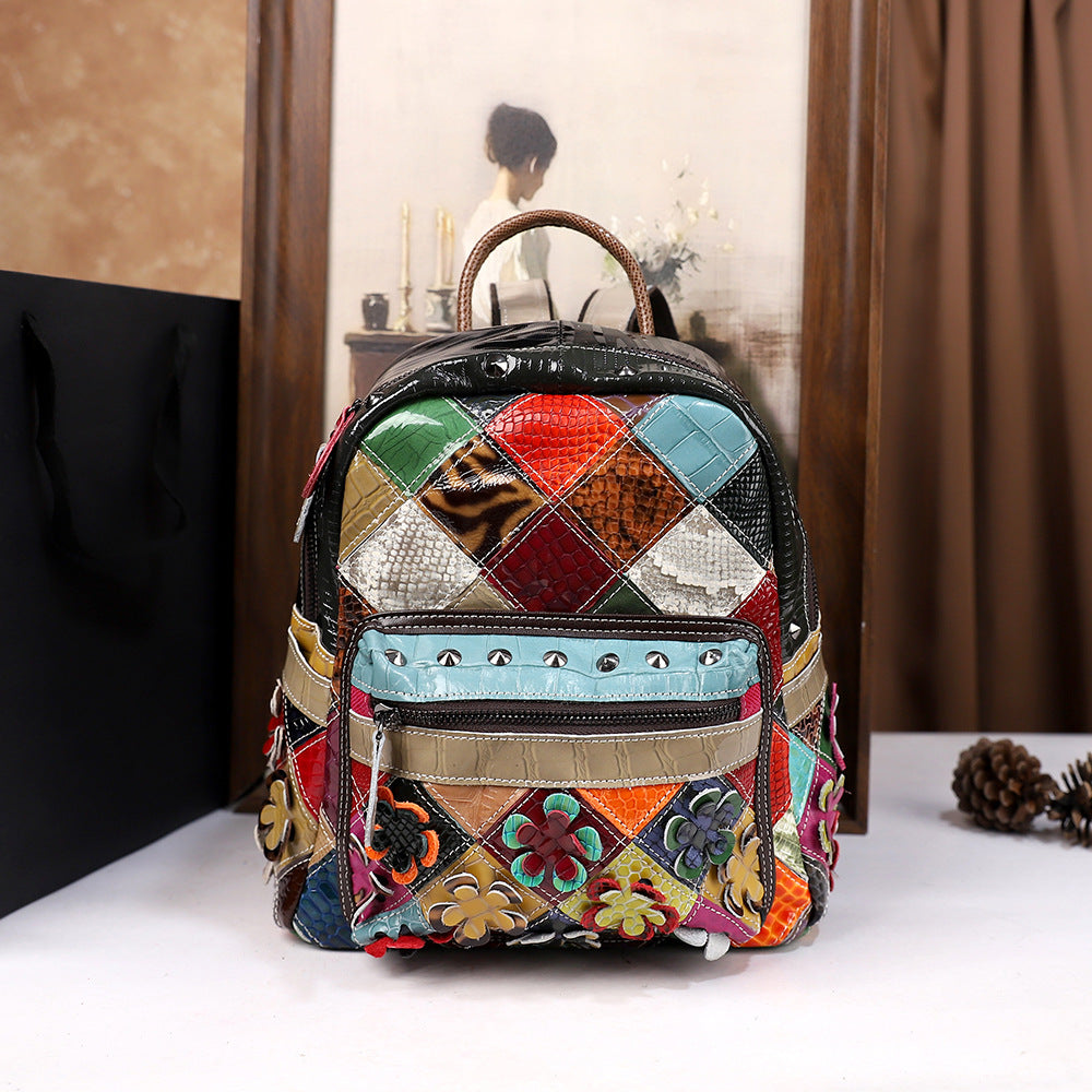 New Ethnic-style Patchwork Color-block Backpack, Genuine Leather