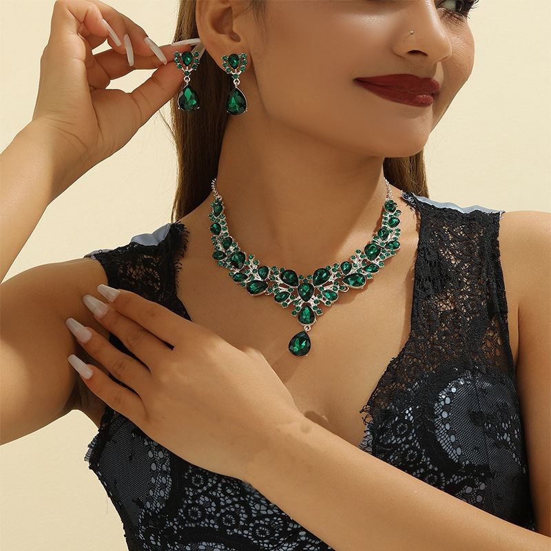 Cross-border Bestseller European American Rhinestone Bridal Necklace & Earring Set, Exaggerated Fashion Formal Dress Accessories For Banquet Party Women