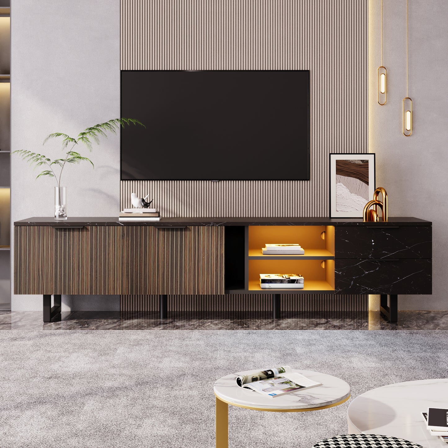 200cm TV Cabinet With Black Marble Look, Dark Wood Grain Doors, Adjustable LED Lighting, Two Doors And Two Drawers, Suitable For Robot Vacuum Cleaners