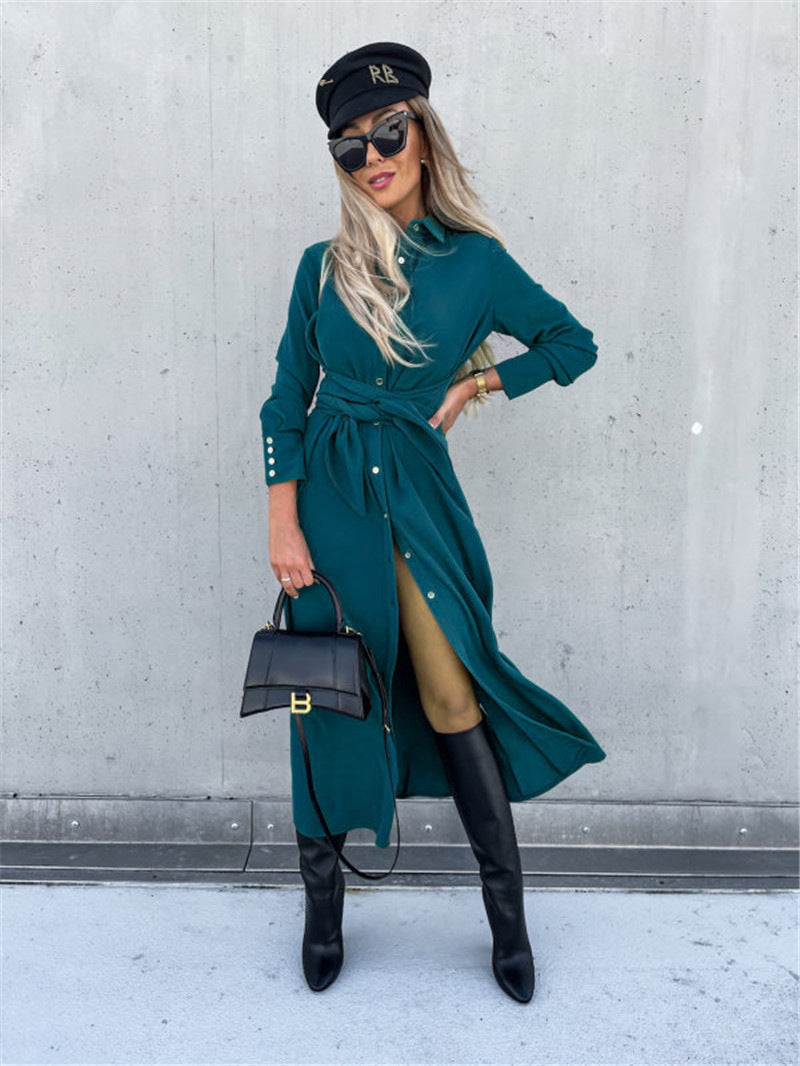 Women's Elegant Lapel Collar Long Sleeve Button Down Belted Shirt Dress, Casual Maxi Dresses With Slit For Office & Daily Wear