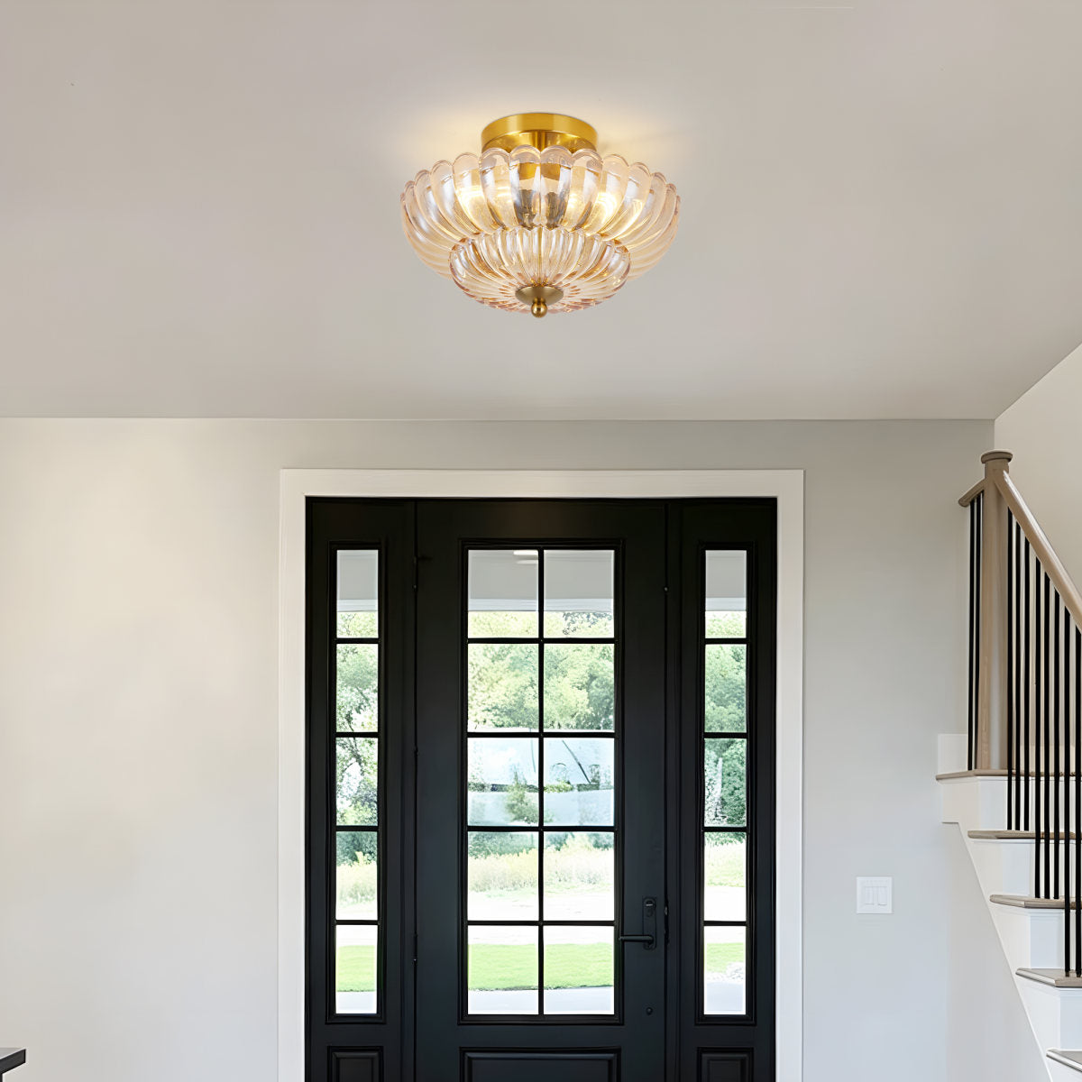 11.8 inch Semi Flush Mount Ceiling Light, 3-Light Close to Ceiling Light Fixtures with Flower Glass, Vintage Ceiling Lights for Hallway Living Room Kitchen Bedroom Bathroom, Amber