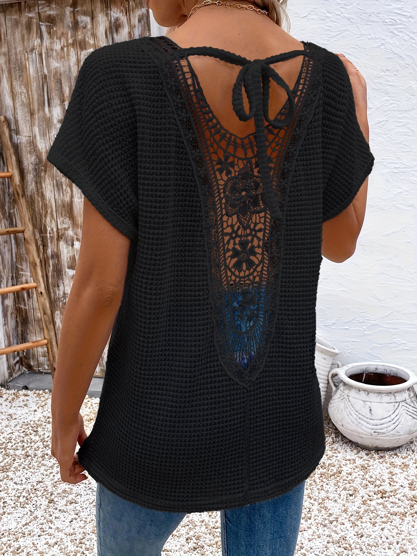 Womens Lace-Panel V-Neck Fashion T-Shirt