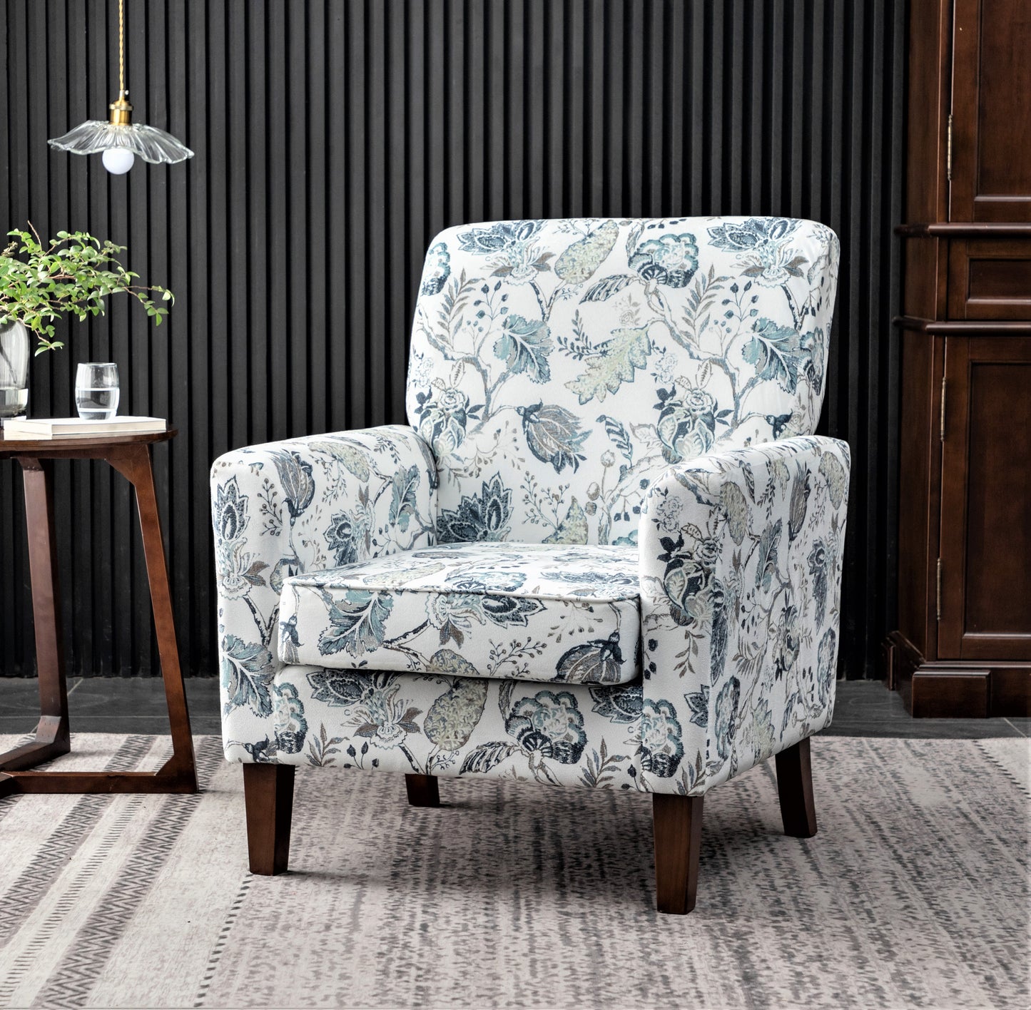 Patterned Polyester Blend Armchair, Solid Birch Wood Frame With Brown Tapered Legs, Foam Padded Accent Chair With Trim Detail For Living Room Office