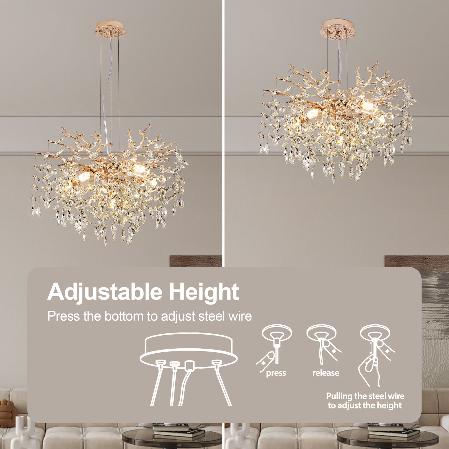Modern Tree Branch Crystal Chandelier Luxury Gold Crystal Pendant Lighting 23.6  Contemporary 6-Light Chandeliers For Dining Room Kitchen Bedroom Living Room