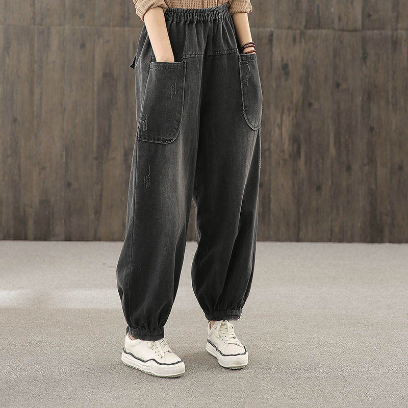Plus-size Straight-leg Denim Cropped Pants Womens Korean-style Loose Fit