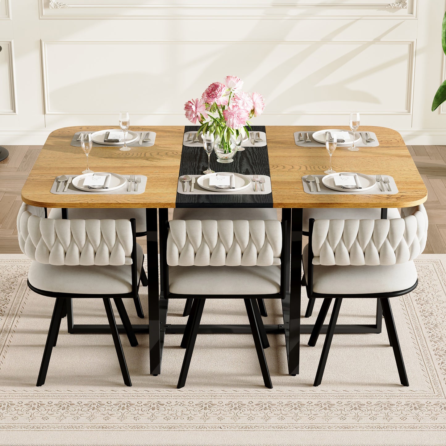 7-Piece Rectangular Dining Table Set, Fixed Two-Tone Wood Grain & Black Triamine Tabletop With 6 Beige Velvet Chairs, Modern Kitchen Table Set For 6 People, Ideal For Small Spaces, Apartment