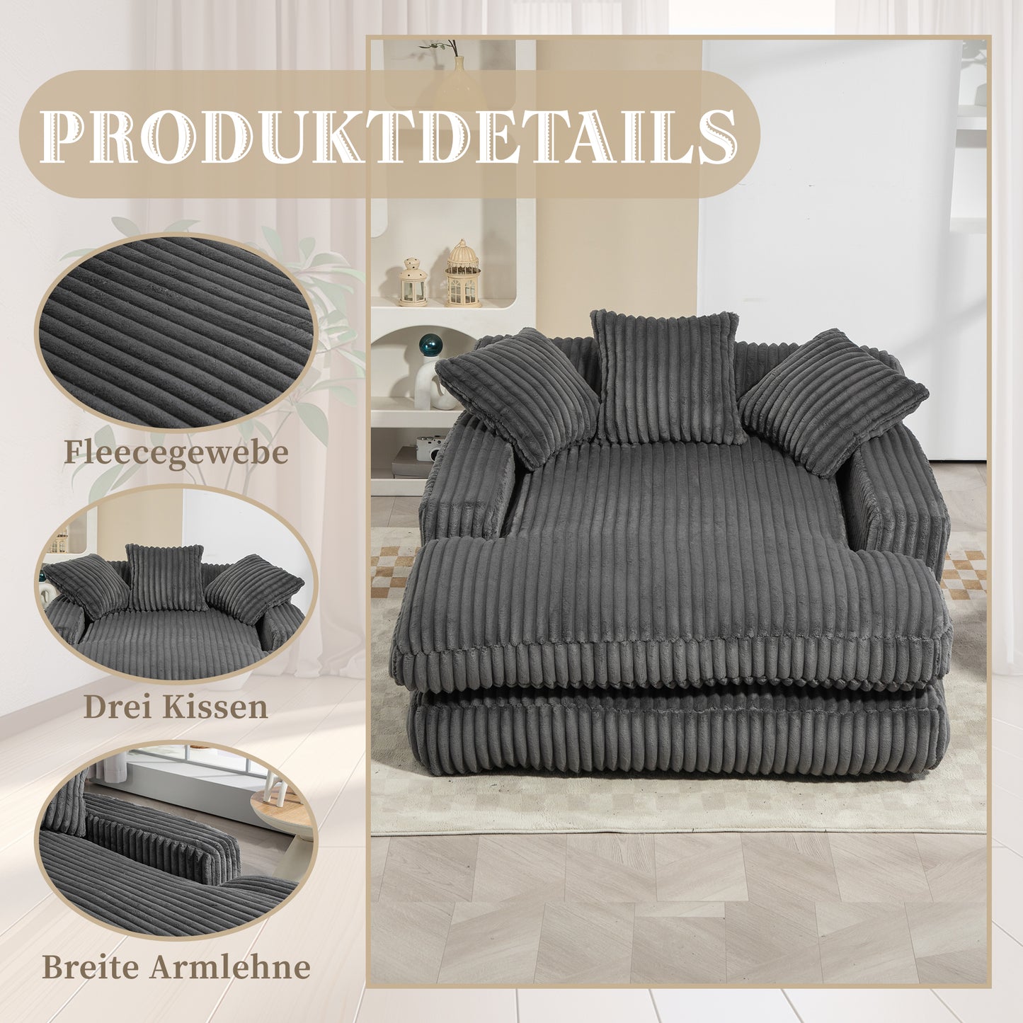 Modern Corduroy Sofa Bed Cloud Couch With 3 Soft Cushions, Comfortable Single Seat Floor Sofa For Living Room Apartment Office  Dark Grey