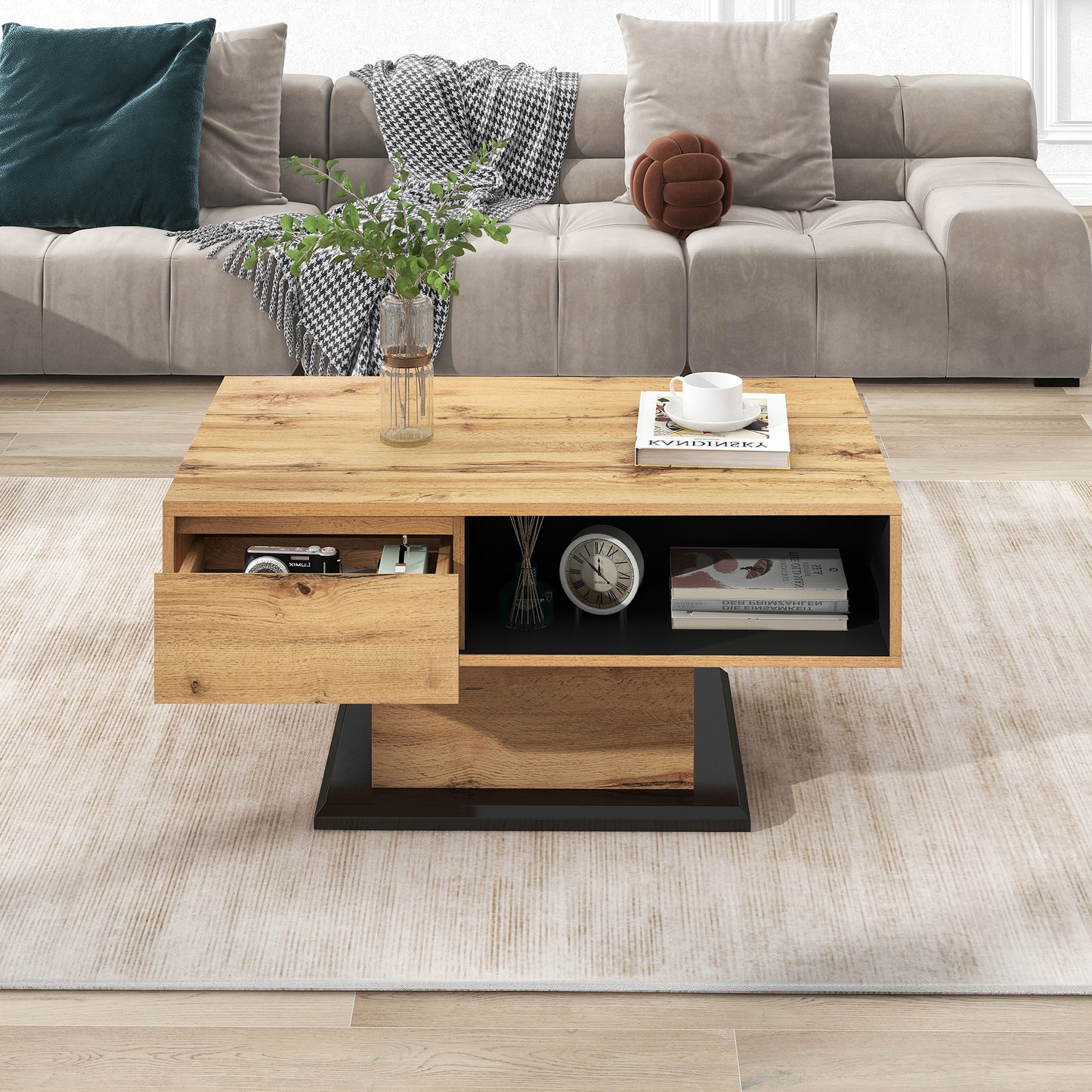 Wood Grain Coffee Table, With A Handleless Drawer, A Storage Compartment And Rear Storage Compartment, Double-sided Storage. Office, Living Room Coffee Table, Large Storage Space.