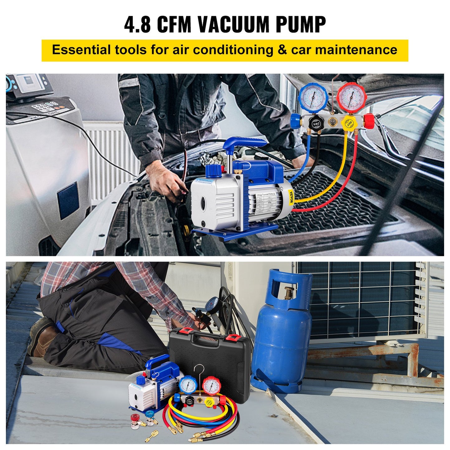 Suction Pump 4.8CFM 1/4 HP Single Stage For HVAC A/C Cooling Systems, 5PA Ultimate Vacuum, Manifold Gauge Kit R410A R134A R22, Includes 4-Way Gauge & Hose