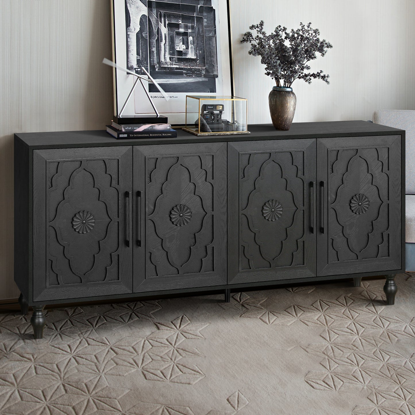 Carved Flower Door Large Storage Cabinet With Metal Handle Suitable For Living Room, Kitchen, Entryway BLACK