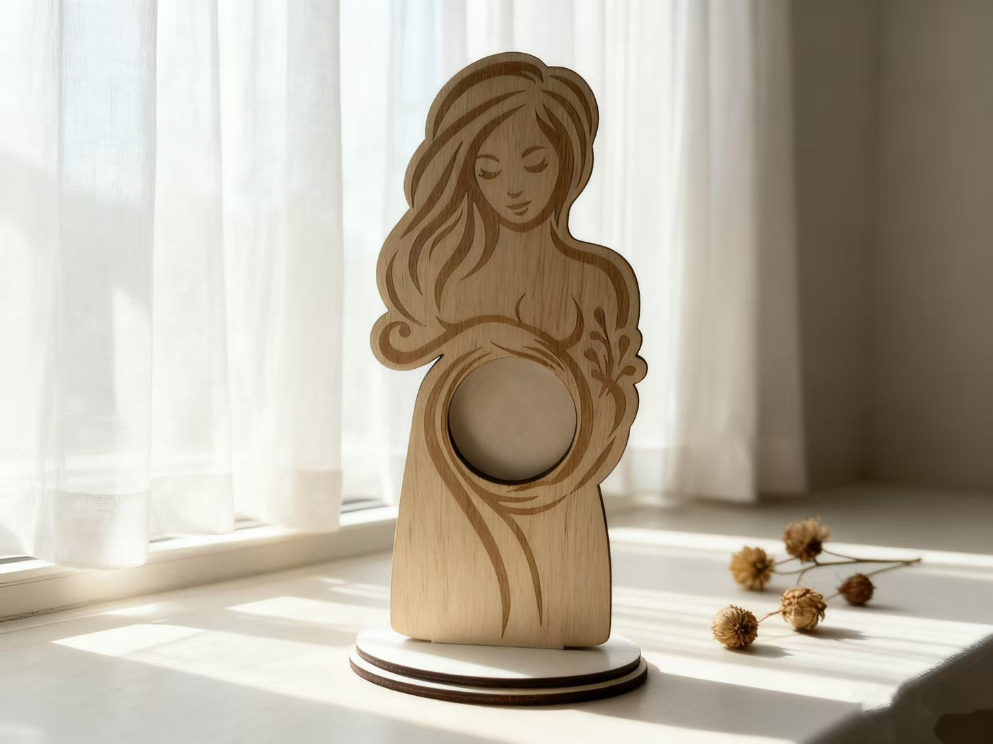 Wooden Pregnant Woman Photo Frame Stand, Laser Engraved Maternity Picture Display Decor, Pregnancy Keepsake Gift For Mom To Be