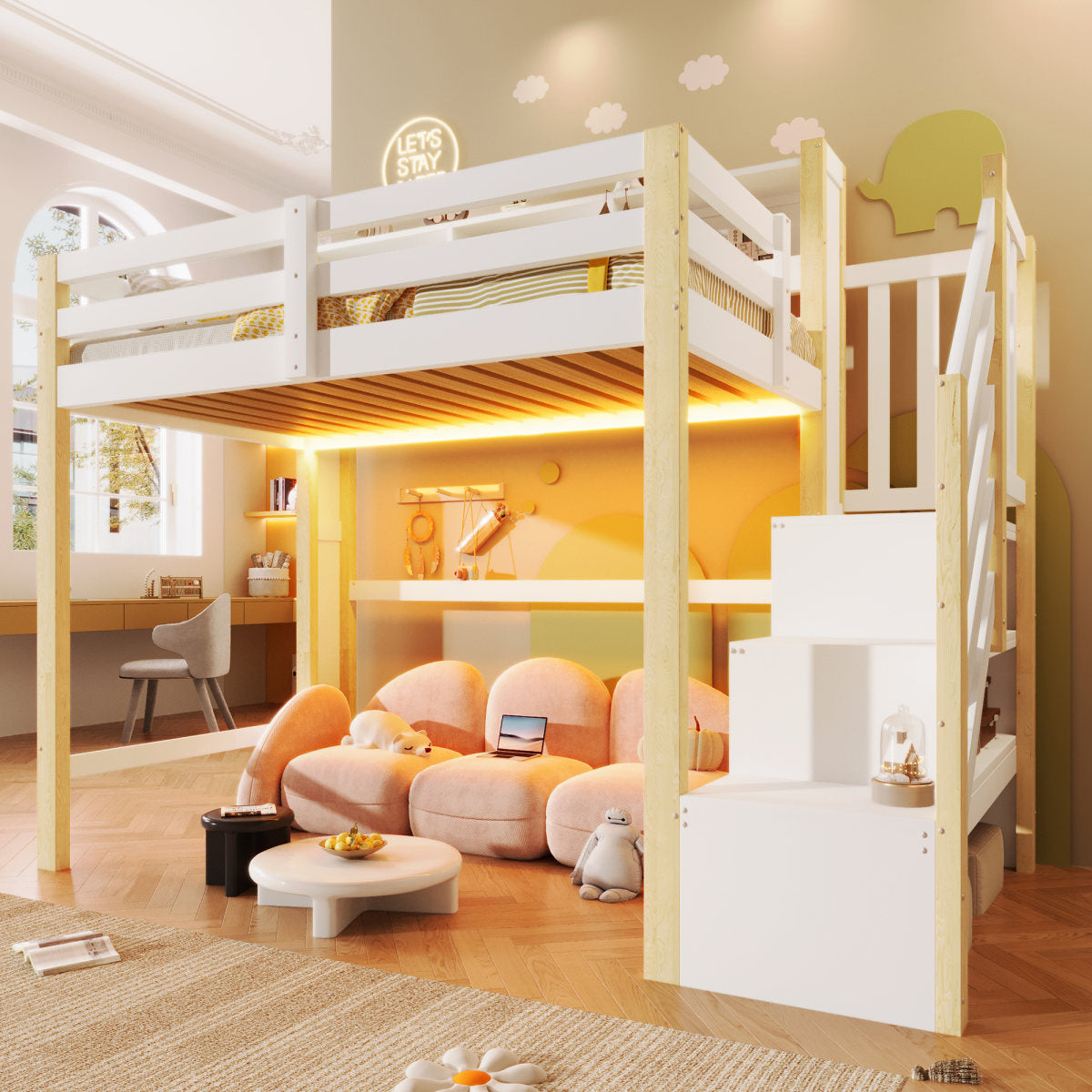 Loft Bed, 90x200cm, With LED Lights, Large Storage Space Under The Bed, Storage Ladder, Open Storage Compartment, Without Mattress, White Natural