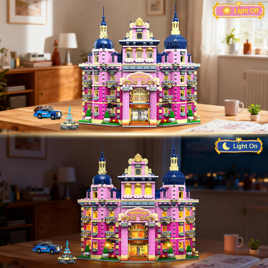 Estate House Building Set With Lights, 3 Style Pinkspire Construction Model With Car Fountain, 1815 PCS Villa Castle Building Block Kit Home Decor, Gift For Adults Boys Girls
