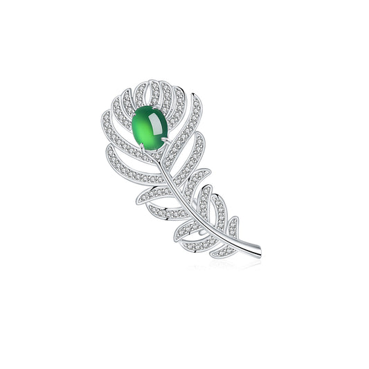 S925 Sterling Silver Feather Brooch, 8x6mm Cabochon Green Chrysoprase, Platinum Plated 4.6g, Elegant Leaf Brooch Pin For Women With Gift Box