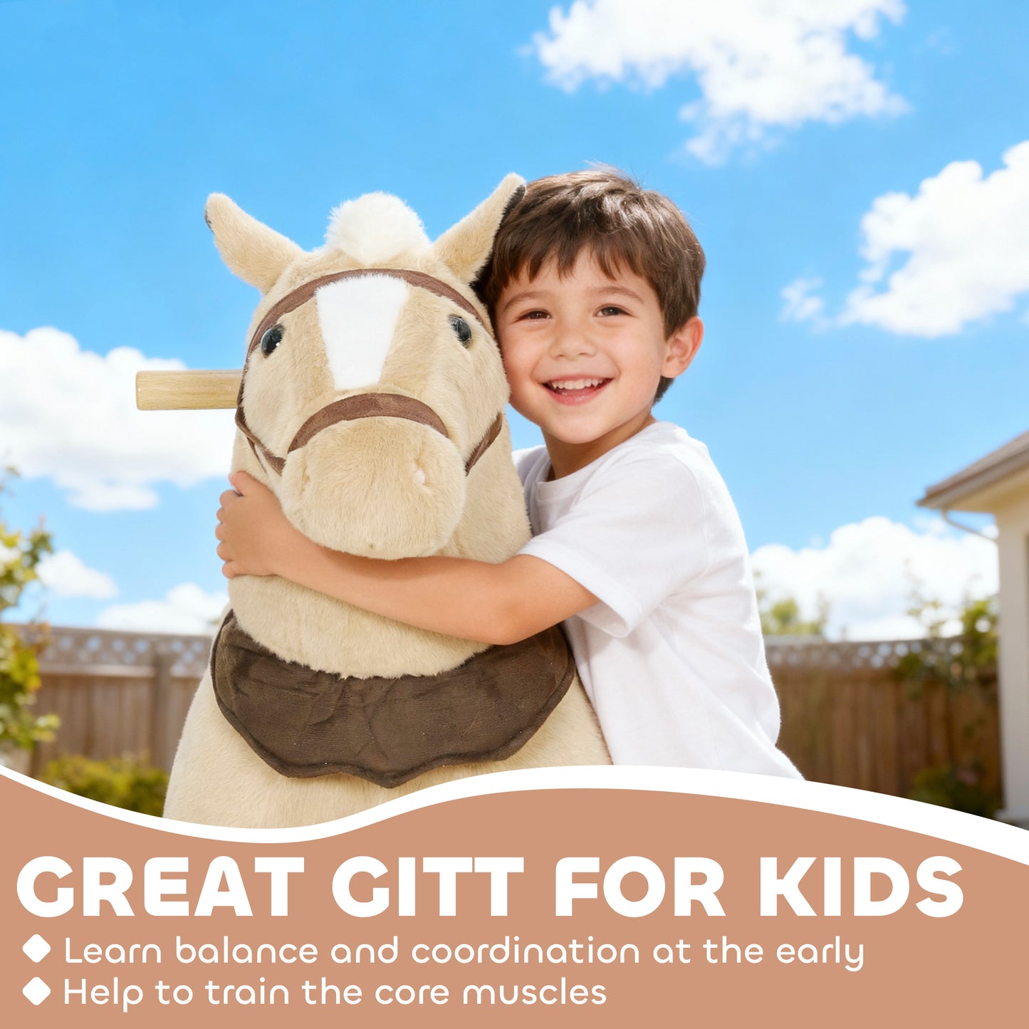 Ride on Horse, Plush Riding Pony for Ages 3-5, Walking Horse Animal with Wheels for Active Play, Brown