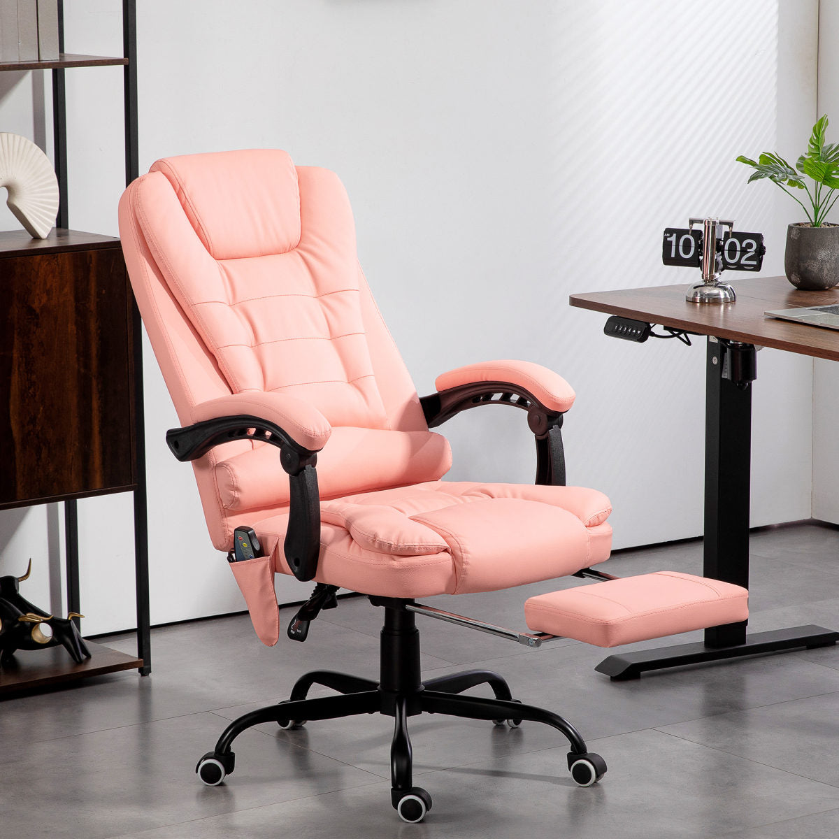 Massage-Bürostuhl, 7 Vibrationspunkte, Verstellbare Fußstütze & Lehne, Bis 120 Kg, Lederoptik, Rosa