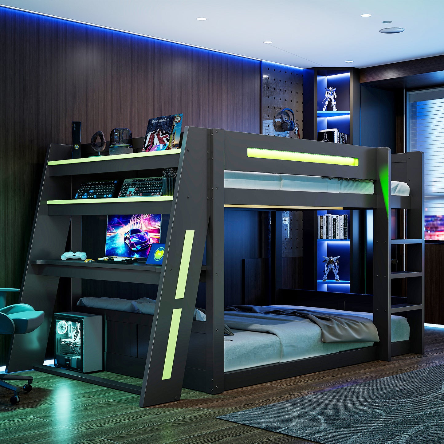 140x200 Cm Wooden Gaming Bunk Bed With Desk, Two Storage Compartments, USB Port And LED Lighting, Black Green
