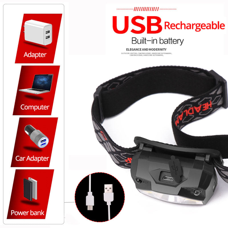USB Charging Warning Red LED Strong Light Induction Headlight Outdoor
