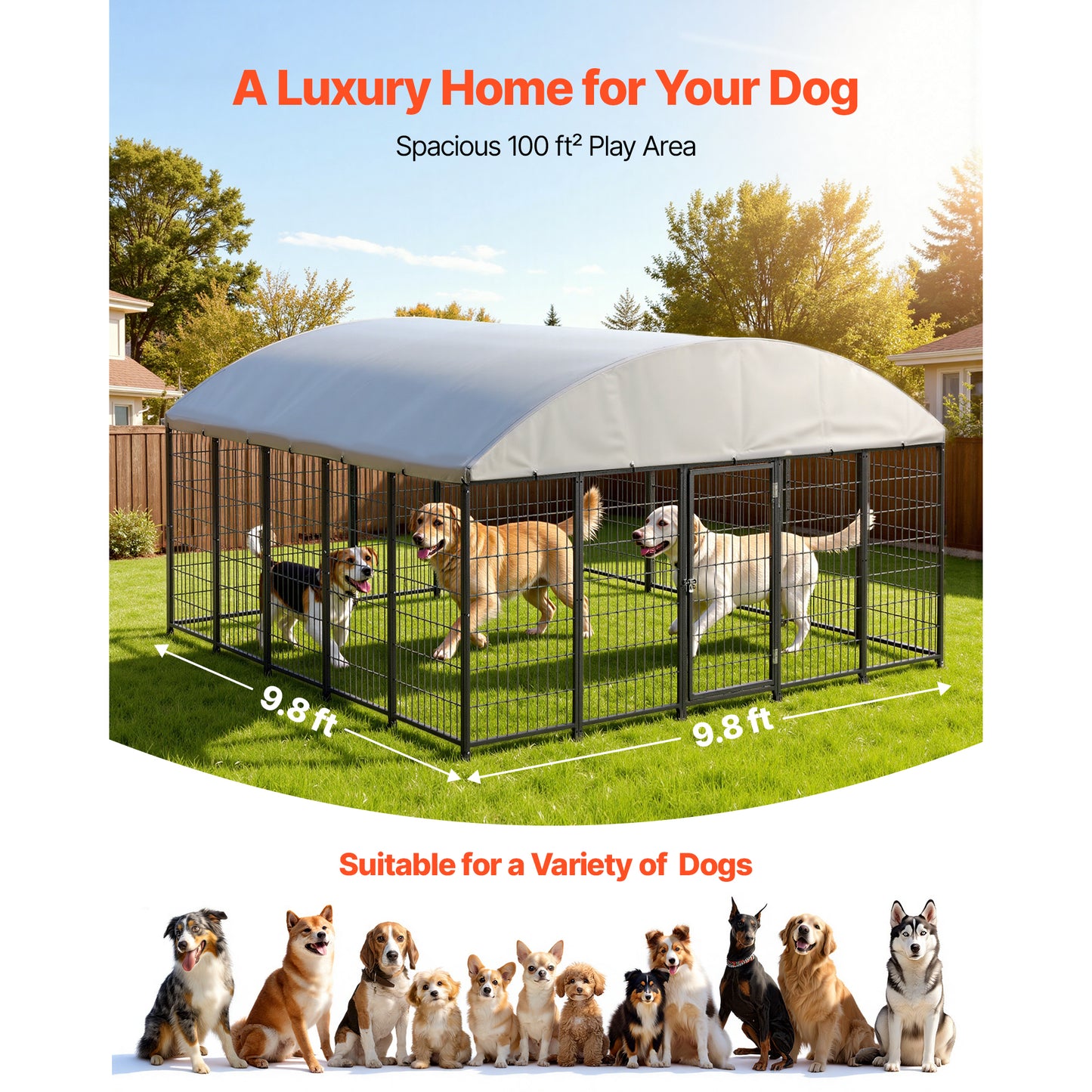 Outdoor Dog Kennel, 9.8 X 9.8 X 5.4 Ft Large Dog Kennel With Secure Lock, Outside Dogs Enclosures With UV-Resistant & Waterproof Roof Cover, Heavy Duty Pet Crate Cage Run For Large Dogs