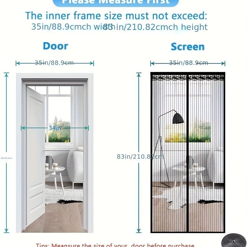 1 Black Magnetic Screen Door Curtain - Pet-friendly, No-drill Installation, Durable Fine Mesh With Strong Magnets, Breathable And Tear-resistant, Includes Push Pins And Double-sided Tape, Magnetic Doo