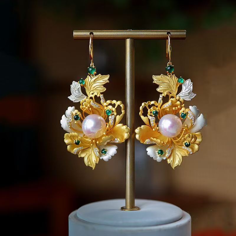 New Chinese Style Filigree Peony Pearl Earrings For Women, Ancient Vintage Ear Jewelry Matching Hanfu & Cheongsam