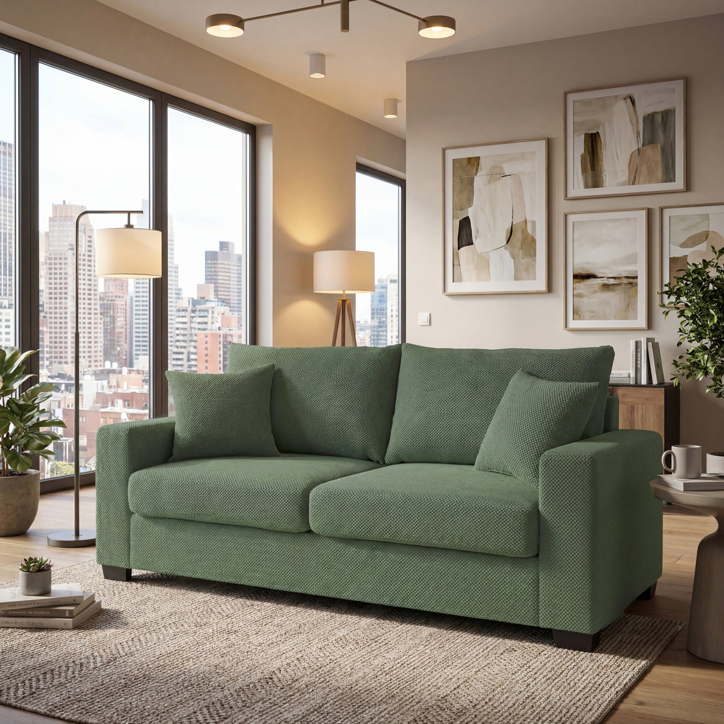 69-inch Two-seater  Sofa With Textured Fabric, Comfortable Upholstered Couch With 2 Throw Pillows And Sturdy Plastic Legs For Living Room, Apartment, Office,  Dark Green