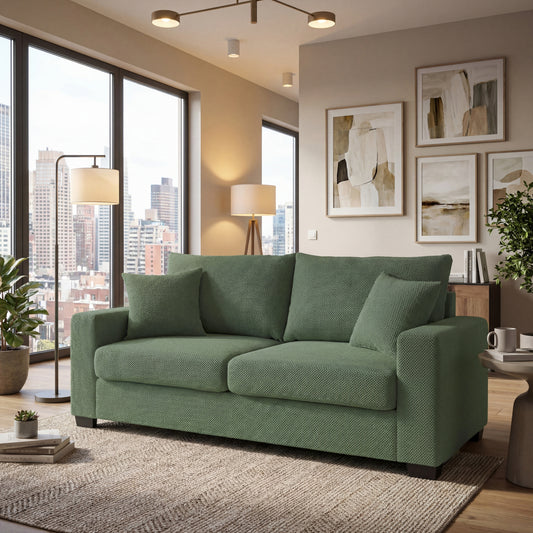 69-inch Two-seater  Sofa With Textured Fabric, Comfortable Upholstered Couch With 2 Throw Pillows And Sturdy Plastic Legs For Living Room, Apartment, Office,  Dark Green