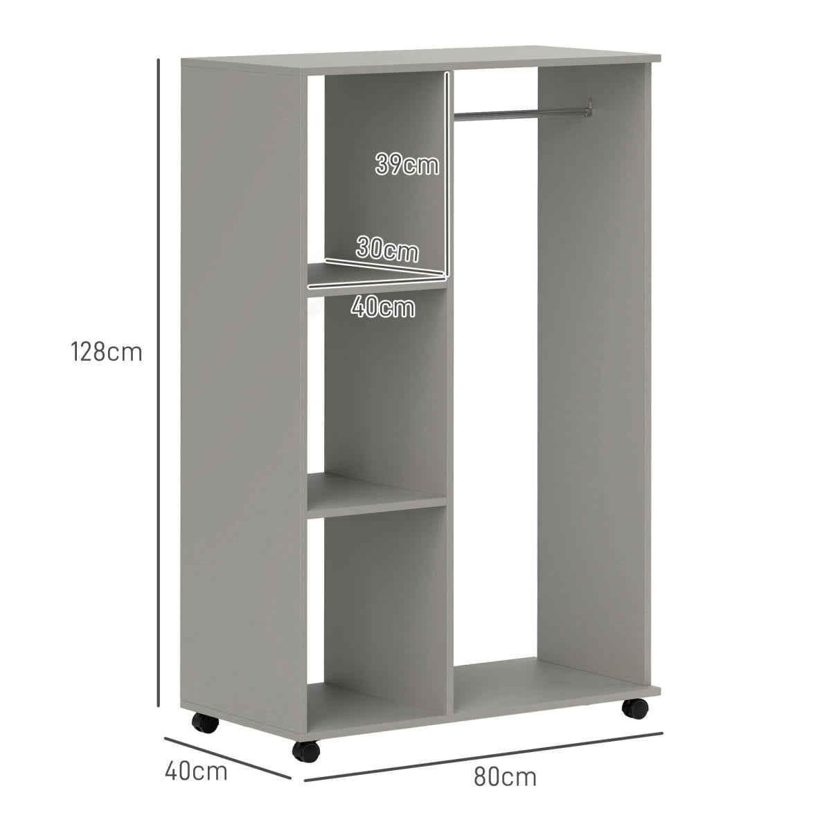 Open Wardrobe On Wheels, Bedroom Wardrobe With Clothes Hanging Rail, 3 Storage Shelves, Mobile Garment Rack For Cloakroom, Hallway, Grey