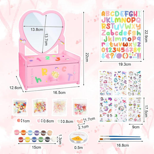 Jewelry Box Craft Set: Heart-Shaped Makeup Case For DIY Crafts, Wooden Craft Sets, Fun Wooden Creative Gifts With Unicorn Stickers For Birthday Presents
