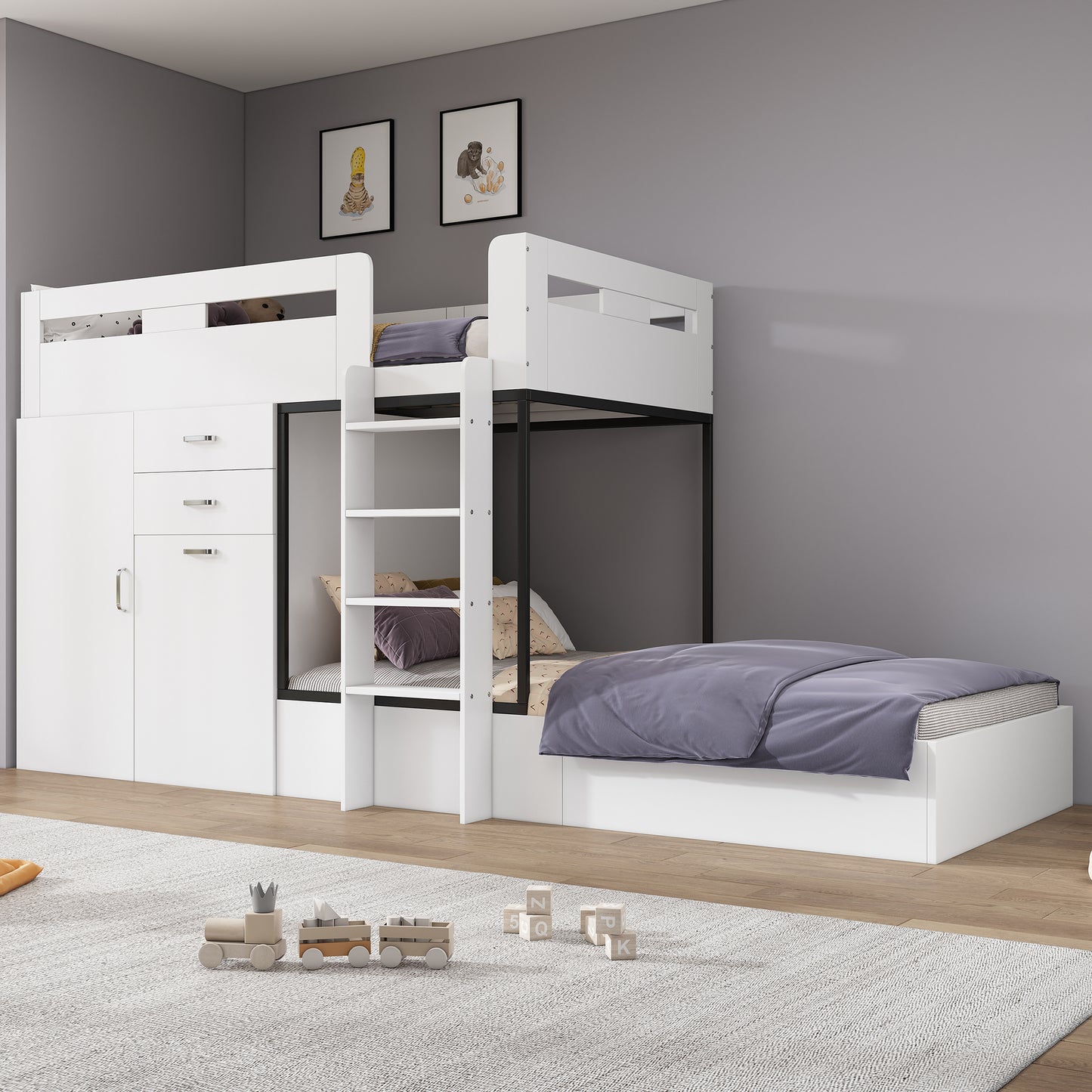 Bunk Bed With Pull-out Desk And Coat Rack, Multifunctional Children's Bed, Children's Bunk Bed, With Drawer & Shelves & Ladders, Without Mattress, 90x200 Cm, White OLD SKU 3233289012AAW-1