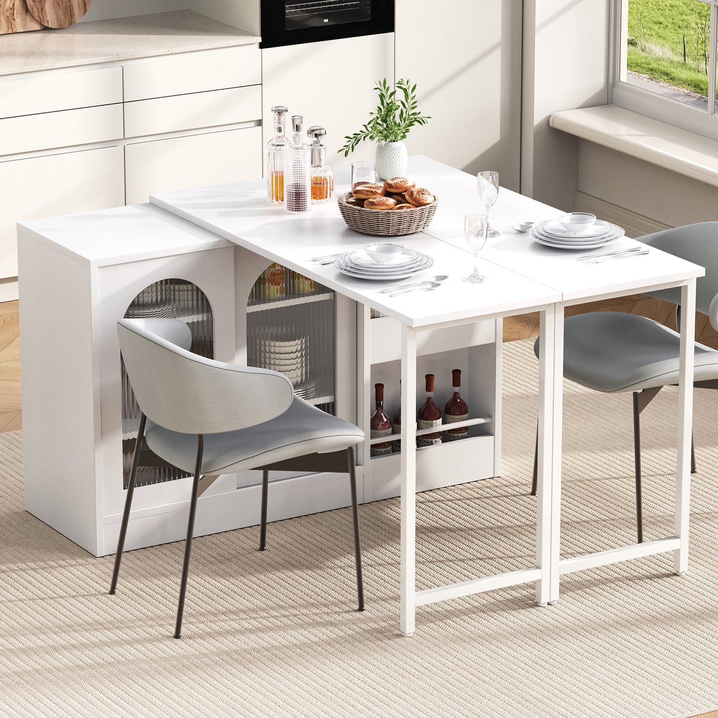 Modern Bar Table, Extendable 360 Swivel Bar Table With Storage, Reversible Table Sideboard Bar With Glass Cabinet Door, Bar Table For Kitchen Coffee Bar Furniture, White
