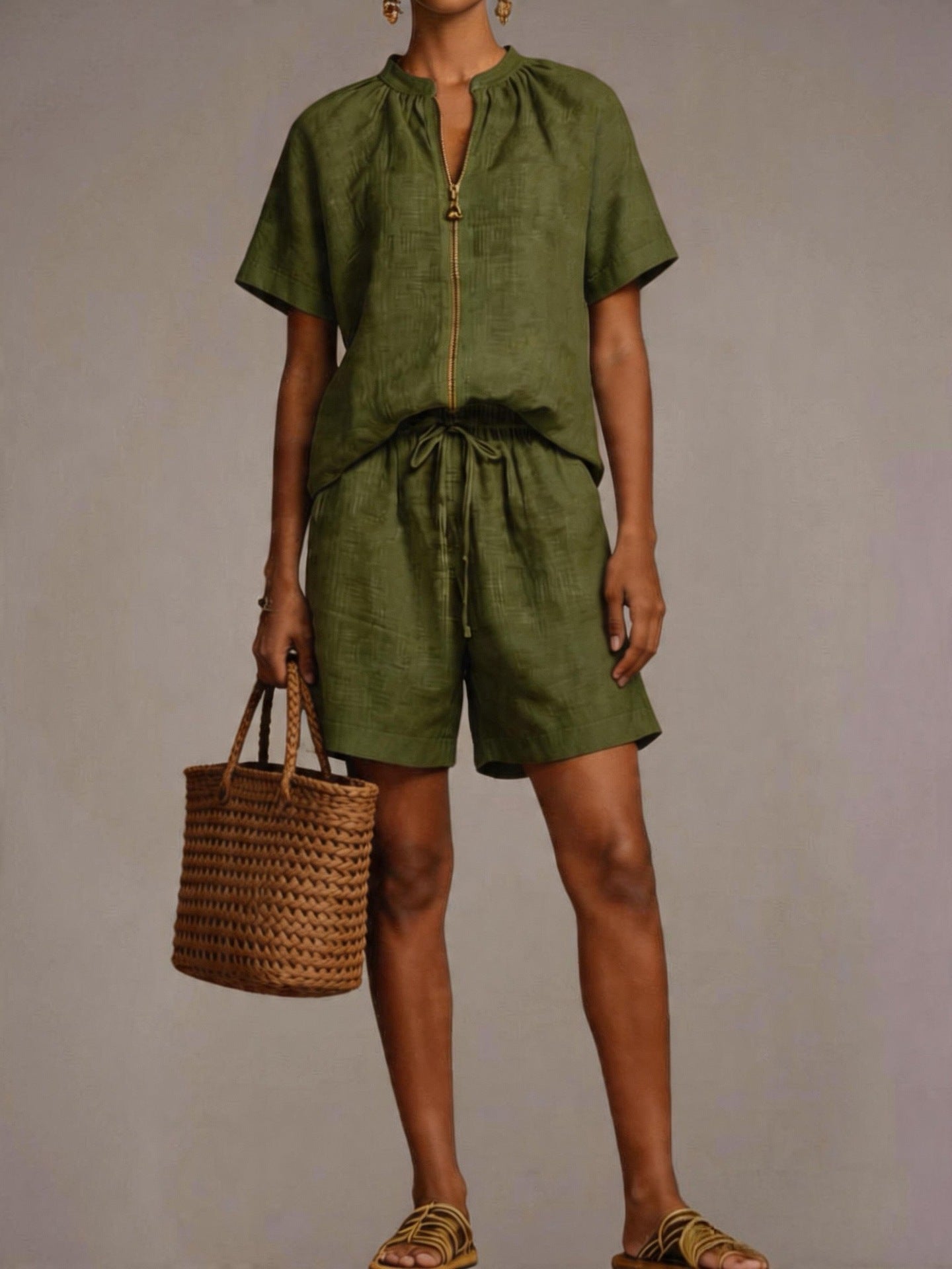 Summer New Solid-color Cotton-linen Short-sleeve Shorts Set