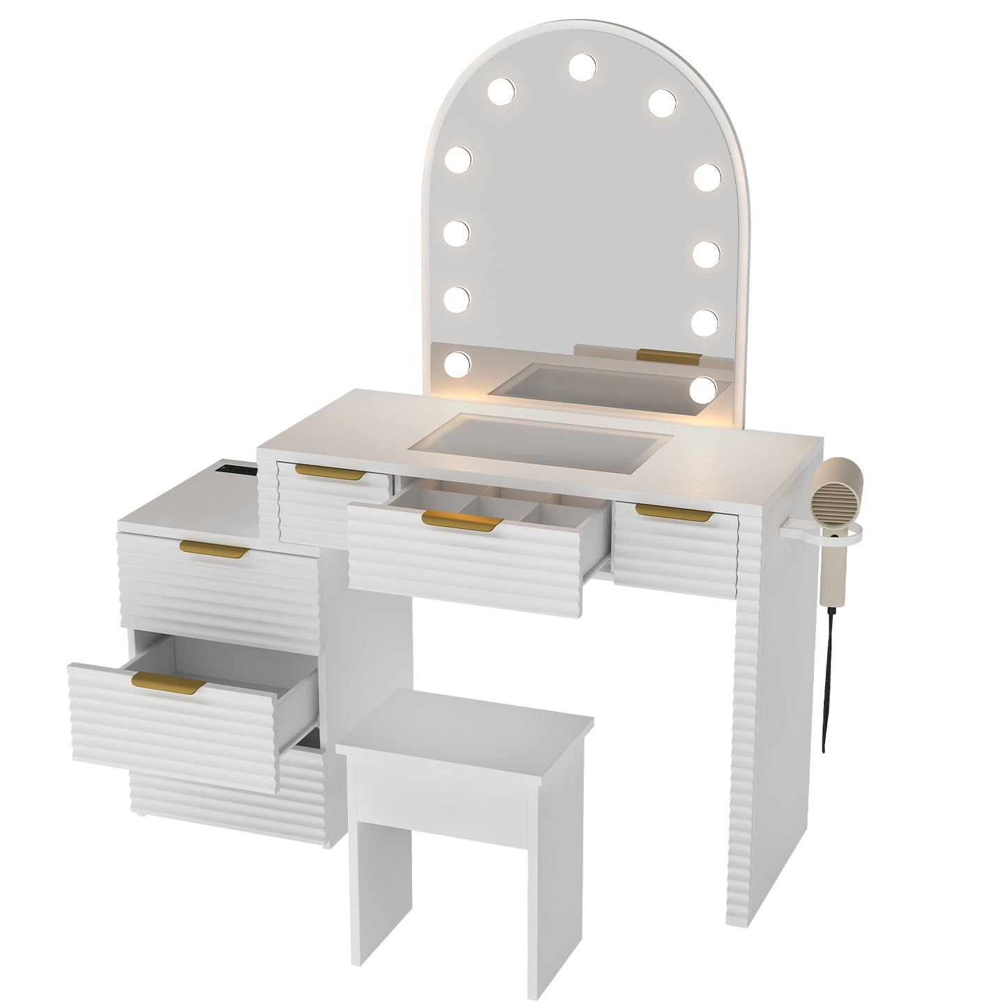 Makeup Vanity Desk With Mirror Lights Glass Tabletop 3 Lighting Modes Adjustable Vanity Table Modern Makeup Desk With Chair Power Outlet And 6 Drawers For Bedroom