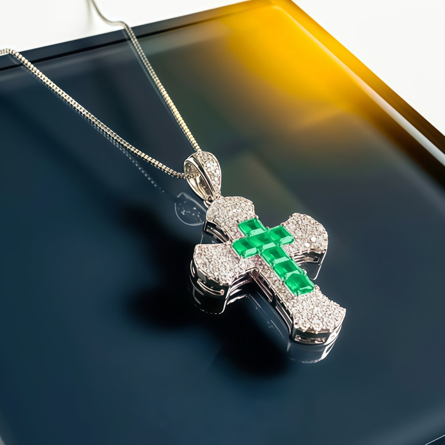 Princess Cut Emerald Green CZ Center Cross Pendant Necklace For Women, Copper Plated Silver Full Pave White Cubic Zirconia Religious Faith Christian Jewelry Gift
