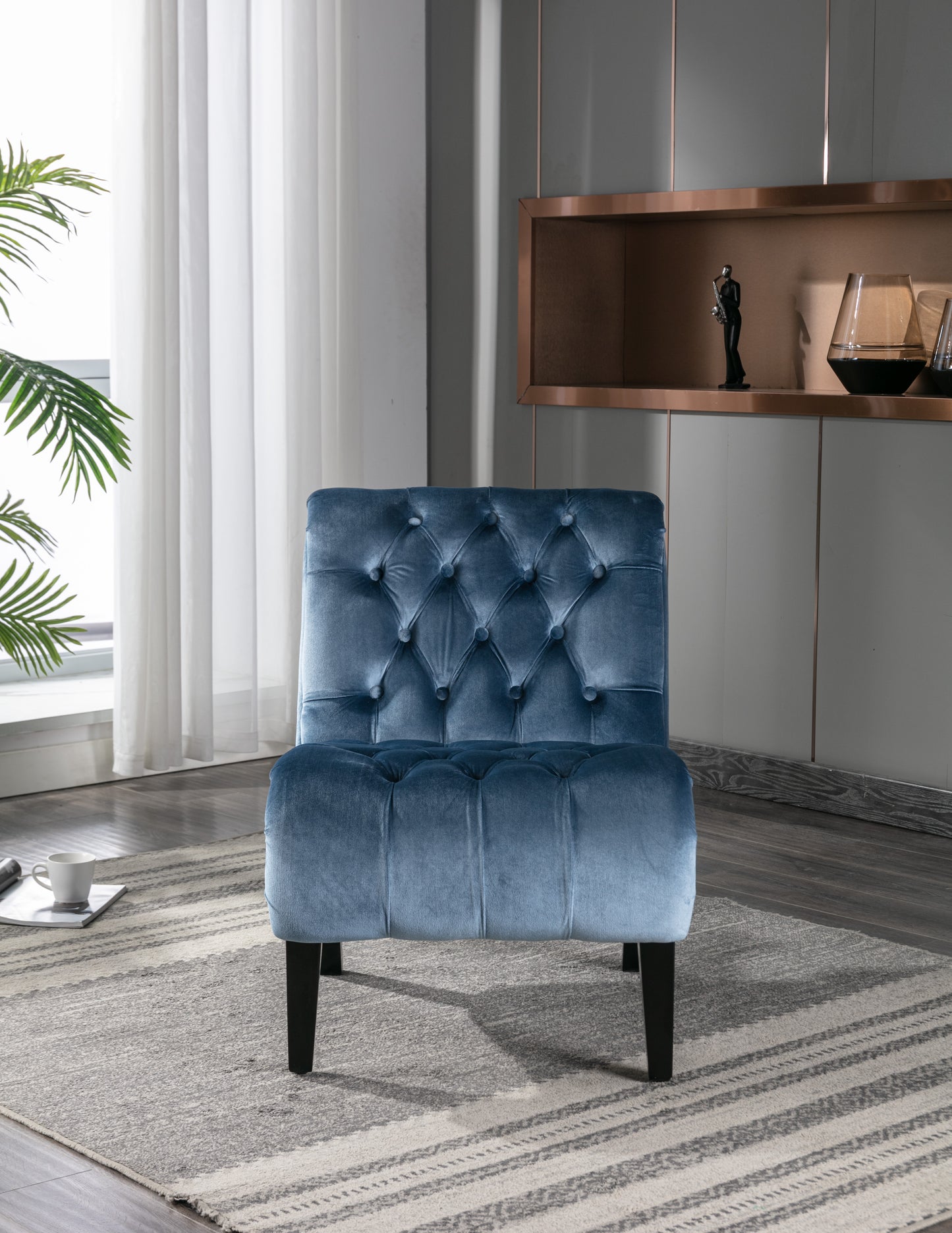 COOLMORE Modern Velvet Armless Accent Living Room Chair   Leisure Chair,Upholstered Fabric Button Comfortable Chair With Wooden Legs For Bedroom, Living Room, Office  Light Blue Velvet