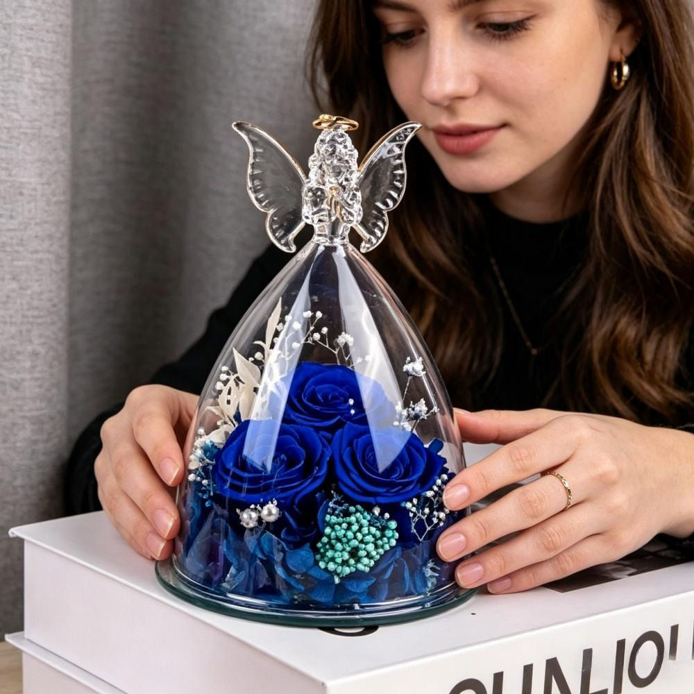 Eternal Rose In A Glass Dome With Angel Figurine, In Blue—A Special Gift Idea And Party Accessory Set
