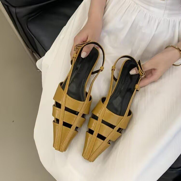 New Summer French Style Hollow-out Square Toe Stiletto Closed Toe Fashion Sandals For Women