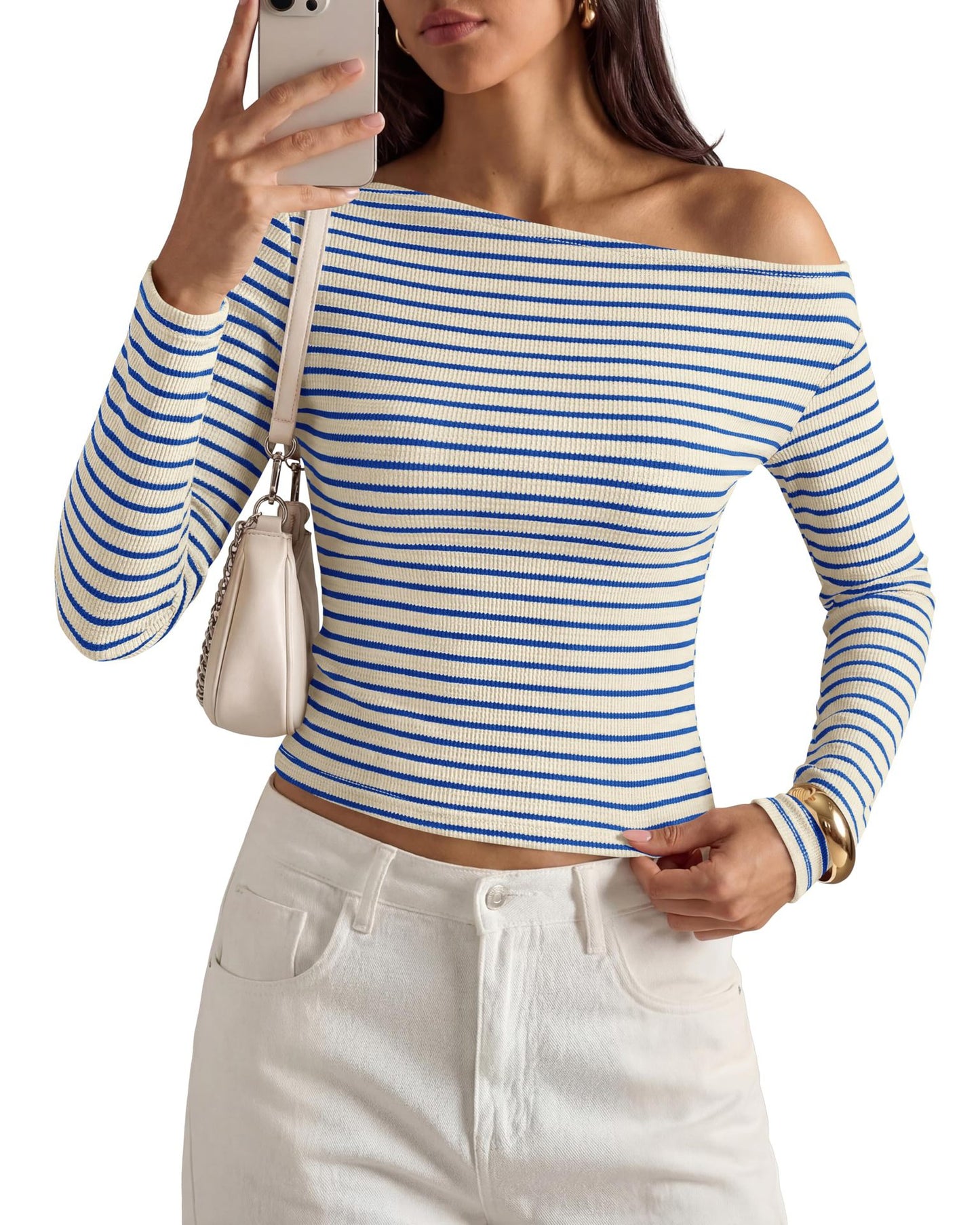 Womens Fashion Casual Striped Off-shoulder Top