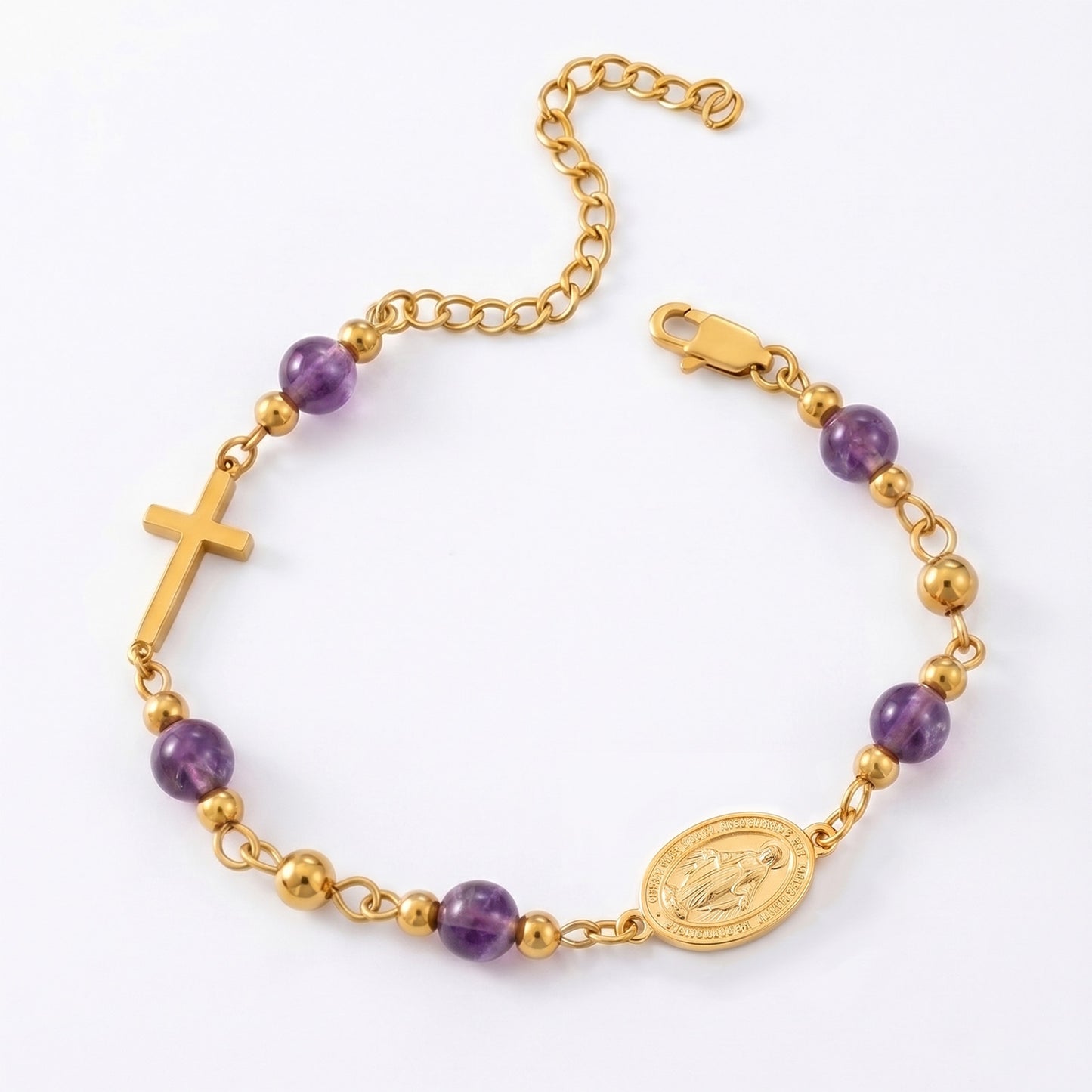 18K Gold Plated Stainless Steel Chain Bracelet For Women Natural Stone Beads Virgin Mary Miracle Medal Cross Bracelets Religious Catholic Jewelry Link Chain Gift