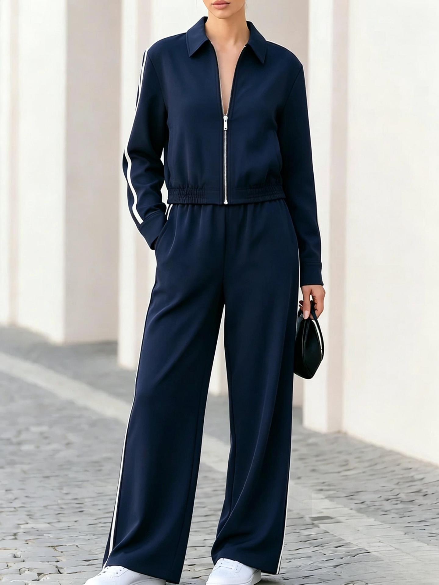 New Fallwinter Stand-collar Zip-up Short Sports Jacket And Side-striped Wide-leg Pants Two-piece Set