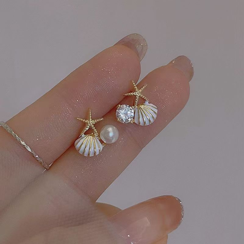 New Arrival Starfish & Shell Stud Earrings, Simple High-End Sweet Tiny Faux Pearl Design Exquisite Elegant Versatile Women's Ear Jewelry