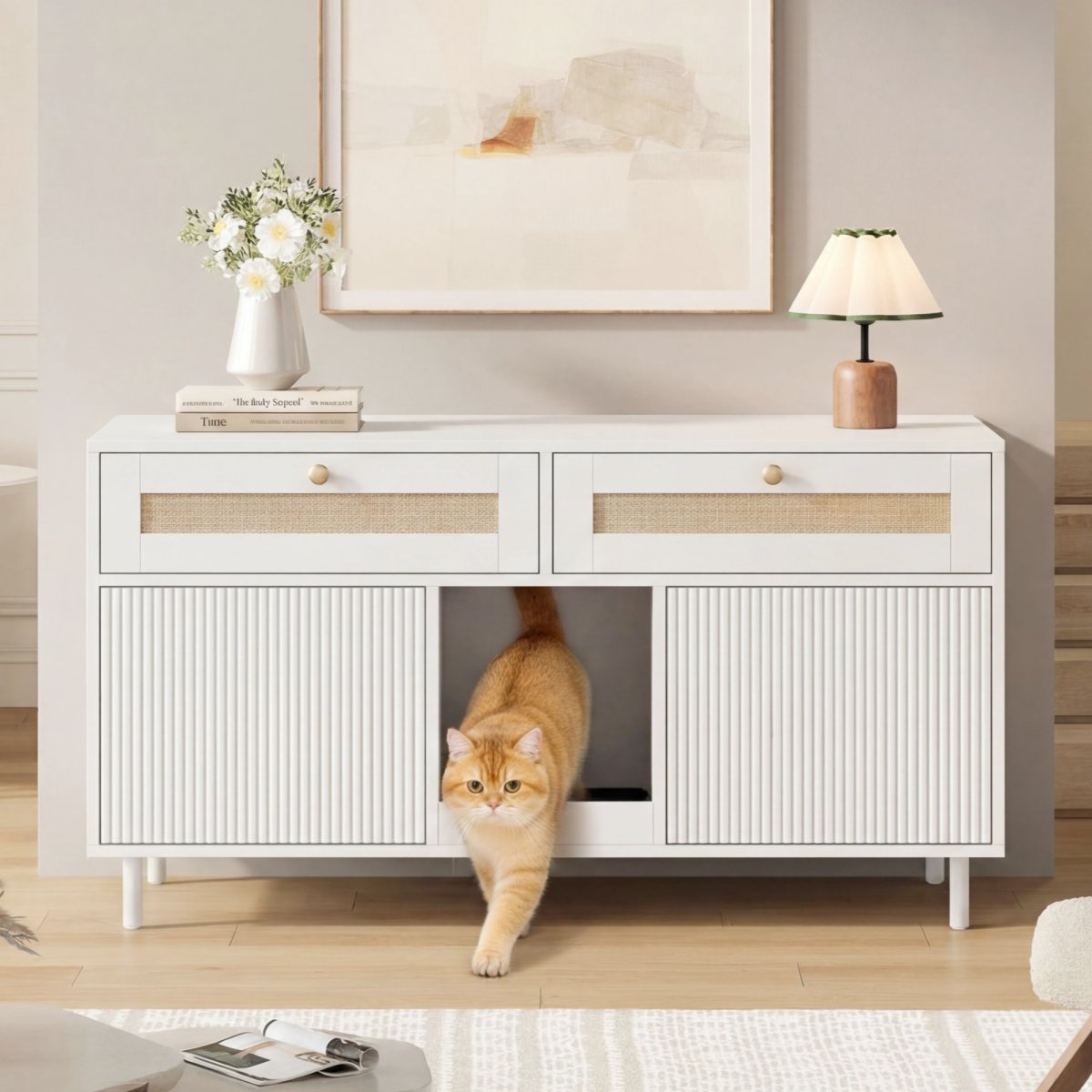 Cat Litter Cabinet With Cat Litter Mat, Cat Litter Cabinet, Pet Cabinet With Rattan Drawer, Pet Sideboard TV Cabinet, Without Cat Litter Box, White, 120x50x65 Cm