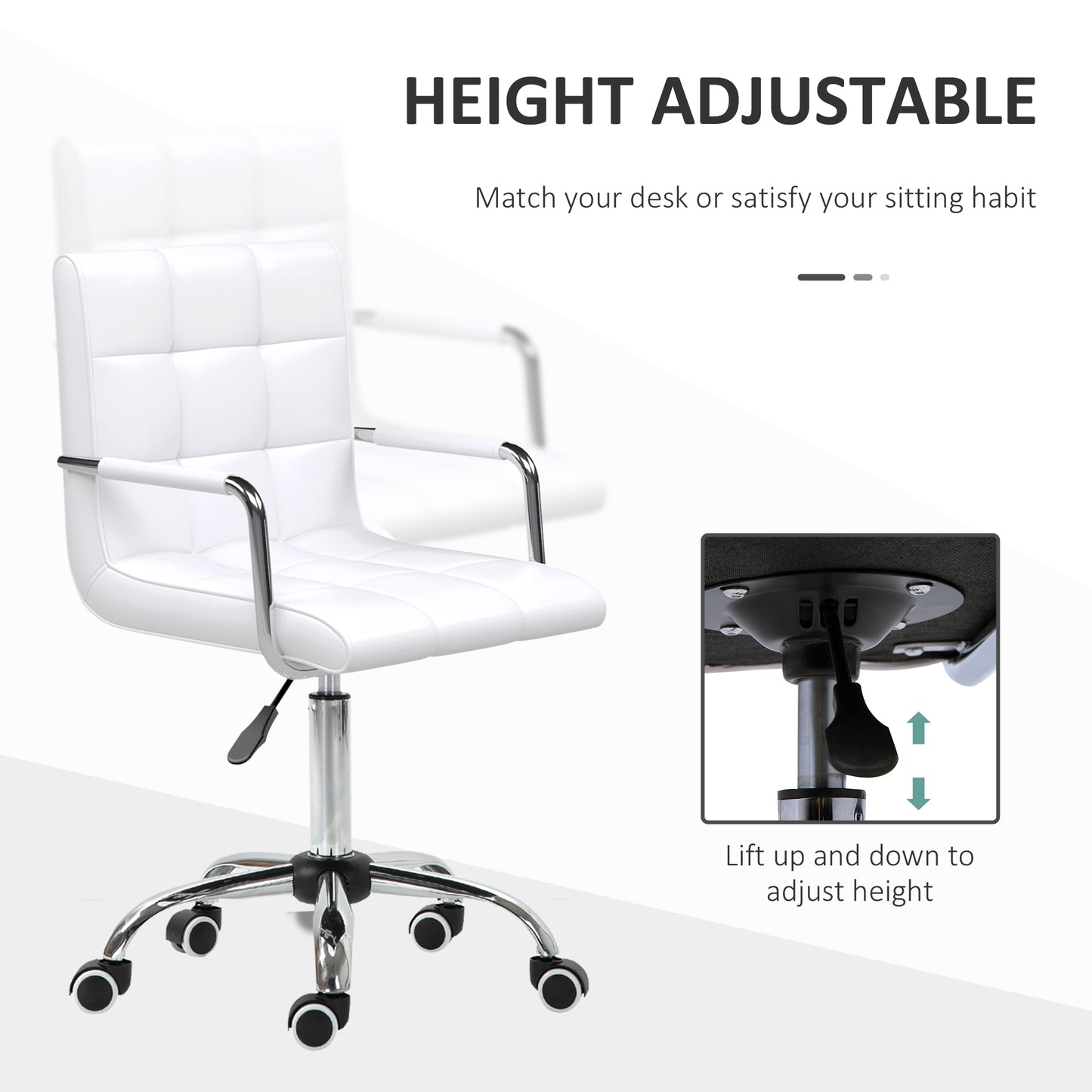 Vinsetto Makeup Vanity Chair, PU Leather Mid Back Office Chair With Adjustable Height, Armrest And Rolling Wheels, White