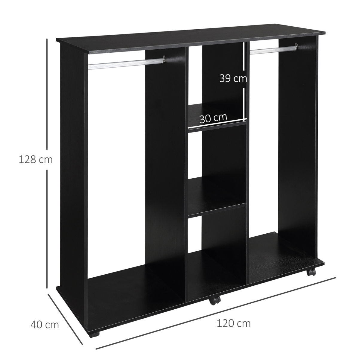 Open Wardrobe Double Mobile Storage Shelves Organizer W/6 Wheels-Black