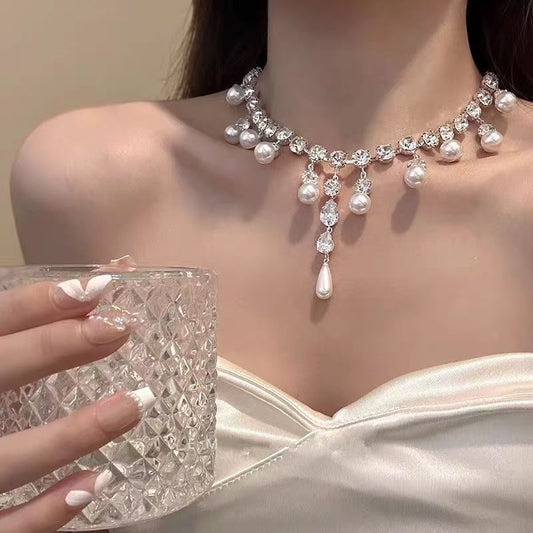 Full Zirconium Pearl Tassel Accessories Female Necklace