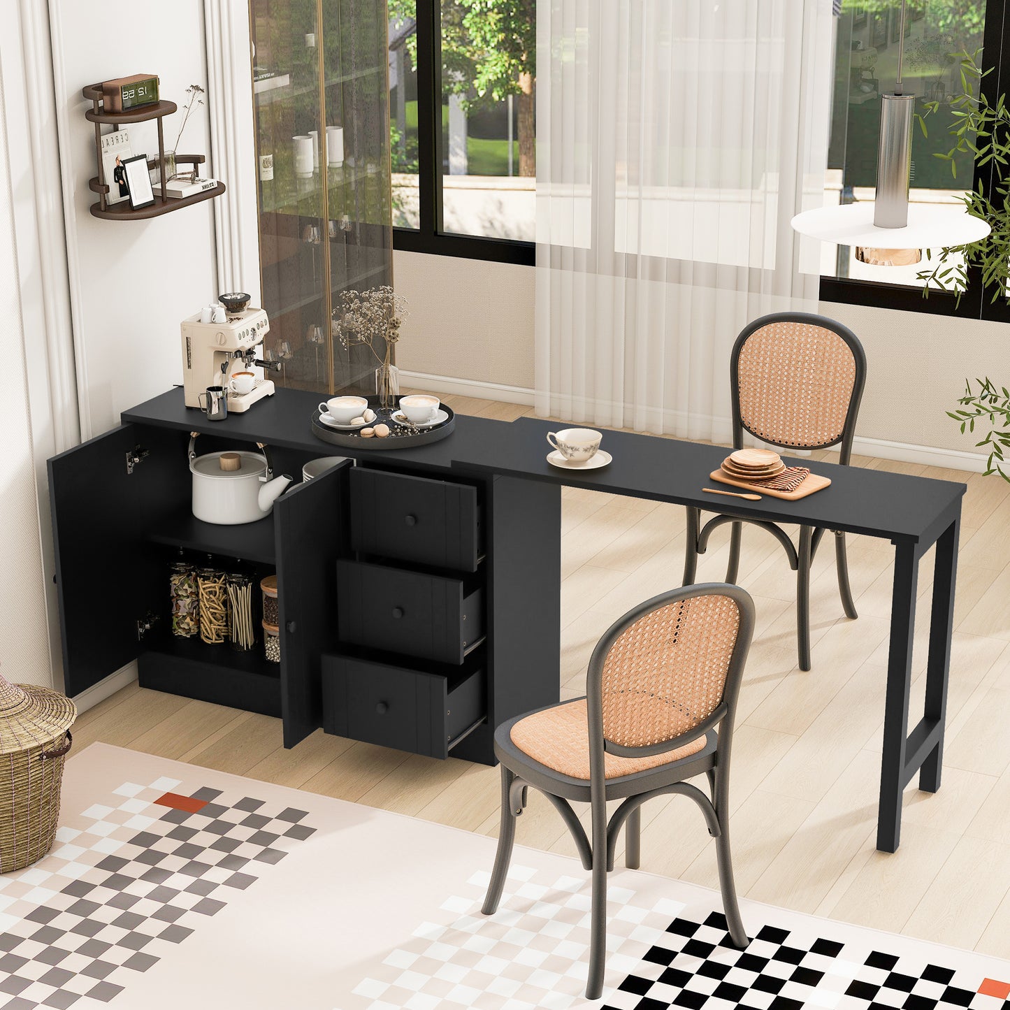 U-STYLE 89.7 Wooden Sideboard With Extendable Table Multifunctional Storage Cabinet With 2 Doors And 3 Drawers For Living Room Study Foyer And Kitchen